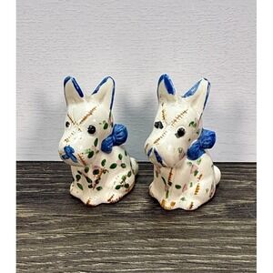 Vintage Japan Scottie Dog Salt Pepper Shakers Patchwork Floral Blue Bow Pair MCM